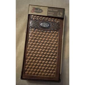 JUSTIN MEN'S LEATHER RODEO WALLET BROWN Tooled BASKETWEAVE Concho NEW RFID NIB